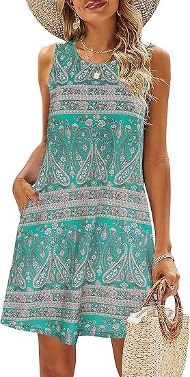 Summer Dresses for Women Beach Floral Tshirt Sundress Casual Pockets Boho Tank Dress